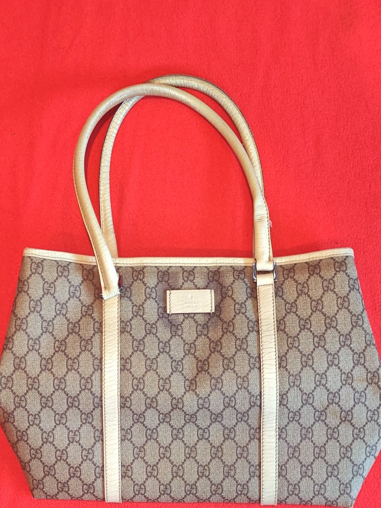 Gucci Tote Bag 114595 Gg Canvas Leather Trim Brown Beige Authentic Shoulder Bag